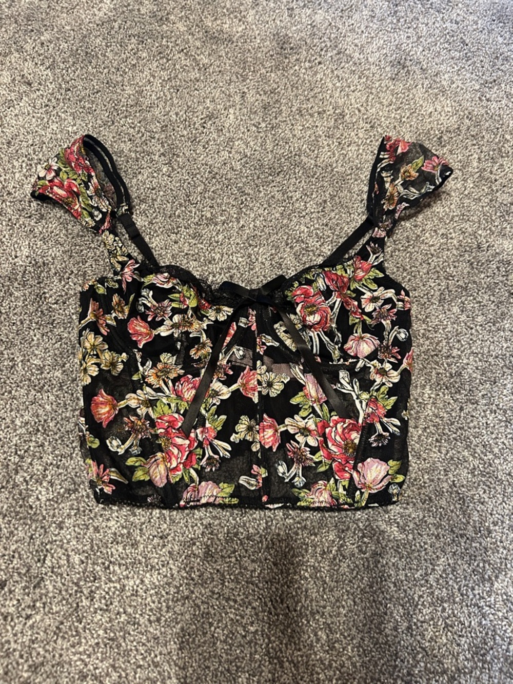 Victoria’s secret Corset Floral Lace-Trim Crop Tank Top - Black/Pink